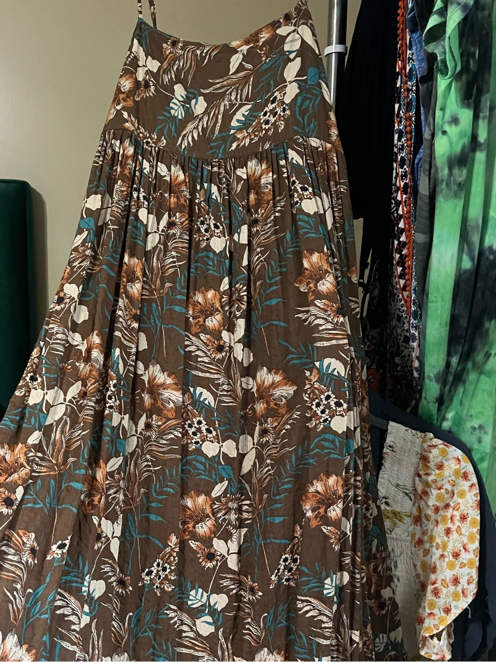 NATURAL LIFE Brown Maxi dress with Teal and Cream Floral Print